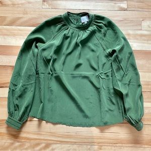 Sezane Emerald Green Blouse with Gathered Neckline